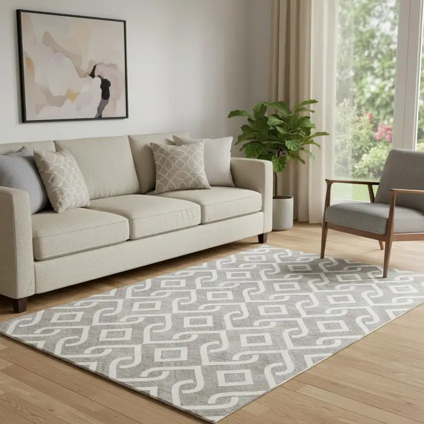 Taupe And Ivory Geometric Washable Area Rug With UV Protection Photo 1