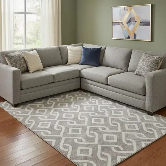Taupe And Ivory Geometric Washable Area Rug With UV Protection Photo 1