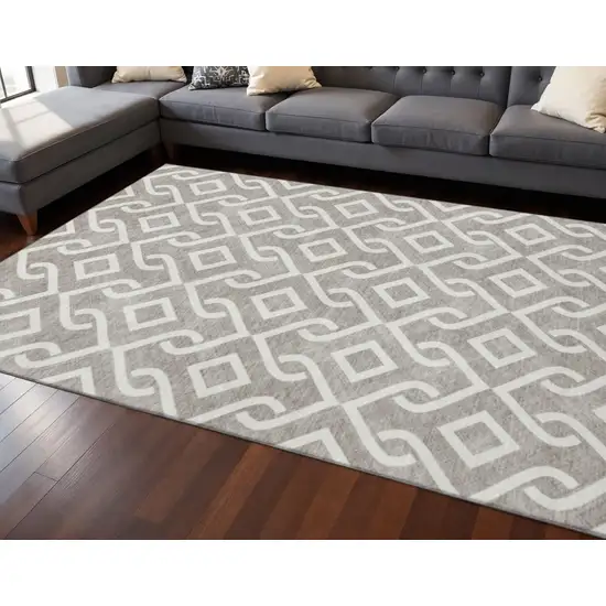 Taupe And Ivory Geometric Washable Area Rug With UV Protection Photo 2