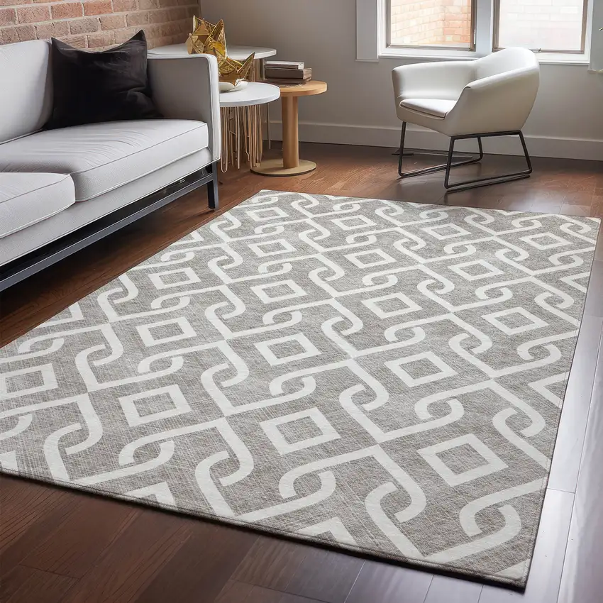Taupe And Ivory Geometric Washable Area Rug With UV Protection Photo 4