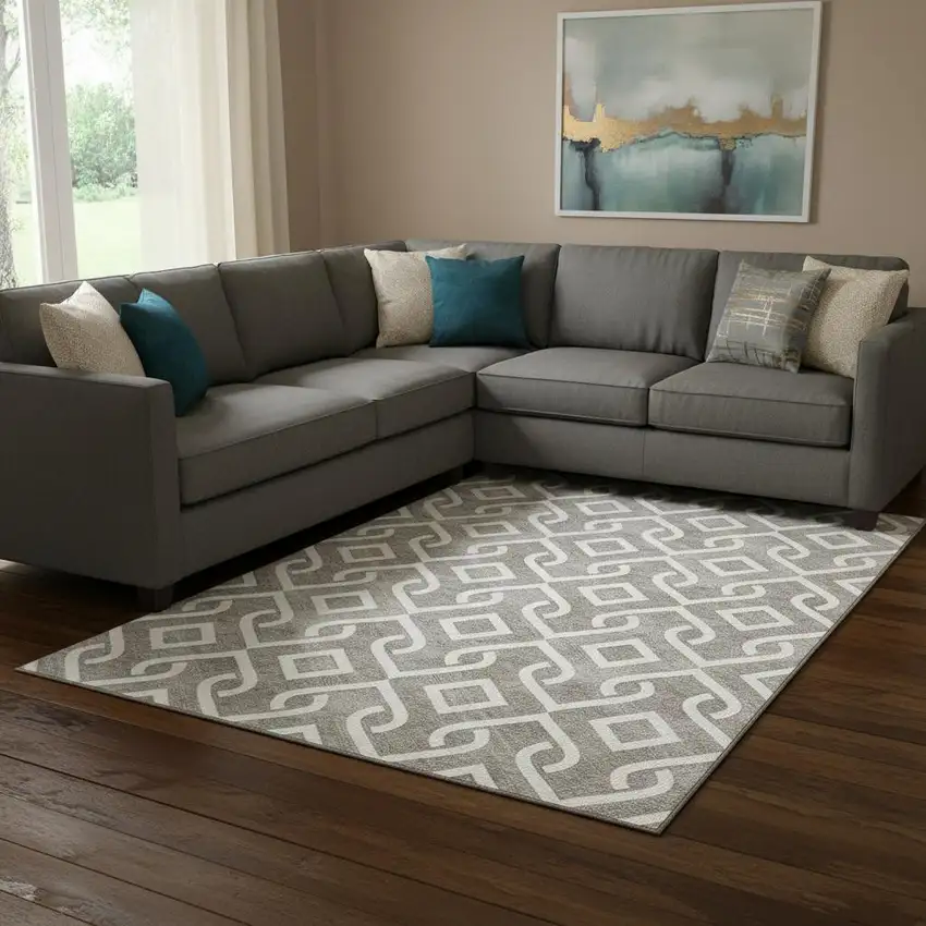 Taupe And Ivory Geometric Washable Area Rug With UV Protection Photo 1