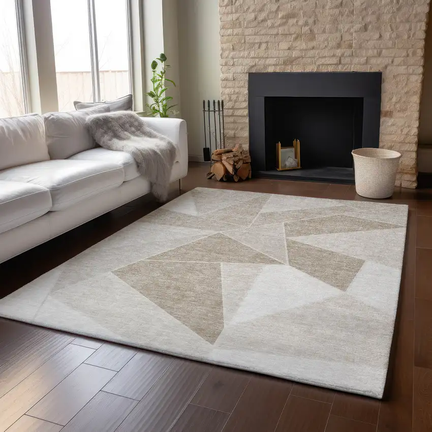Taupe And Ivory Geometric Washable Area Rug With UV Protection Photo 5