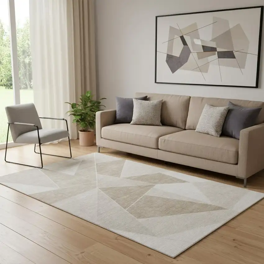 Taupe And Ivory Geometric Washable Area Rug With UV Protection Photo 1