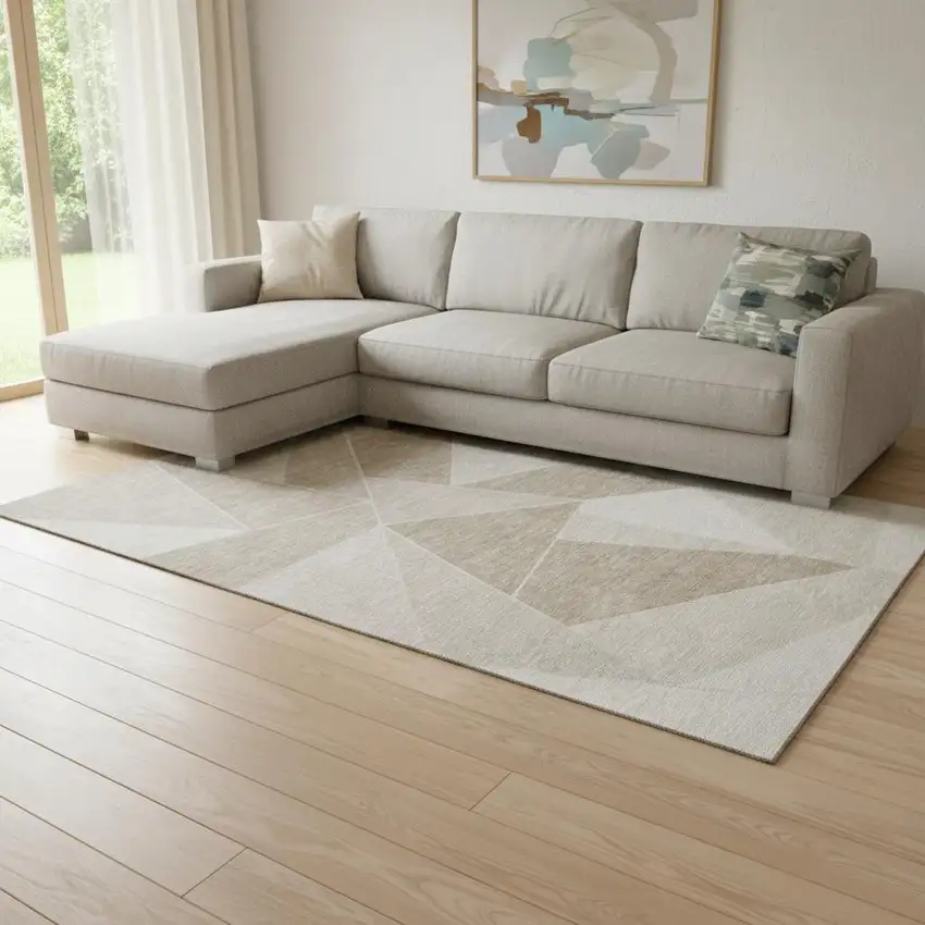 Taupe And Ivory Geometric Washable Area Rug With UV Protection Photo 1