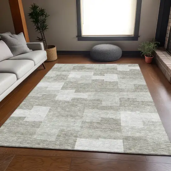 Taupe And Ivory Geometric Washable Area Rug With UV Protection Photo 4