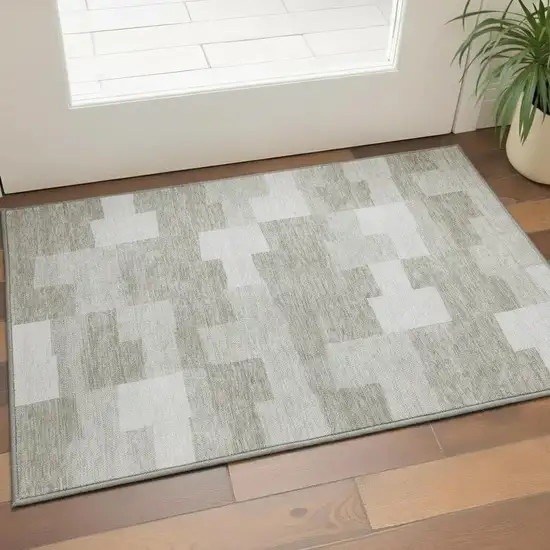 Taupe And Ivory Geometric Washable Area Rug With UV Protection Photo 1