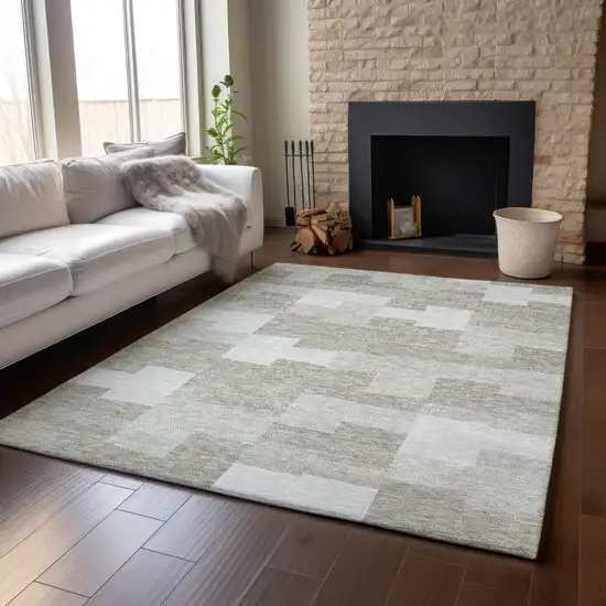 Taupe And Ivory Geometric Washable Area Rug With UV Protection Photo 5