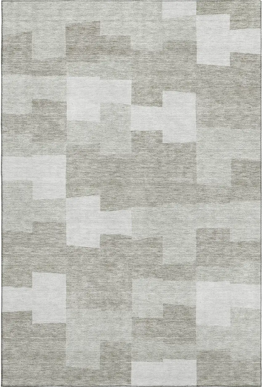 Taupe And Ivory Geometric Washable Area Rug With UV Protection Photo 1