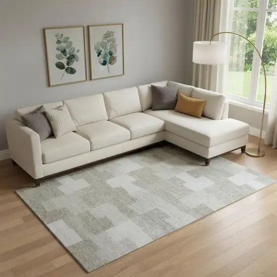 Taupe And Ivory Geometric Washable Area Rug With UV Protection Photo 1