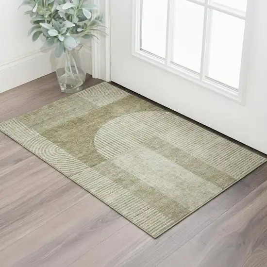 Taupe And Ivory Geometric Washable Area Rug With UV Protection Photo 1