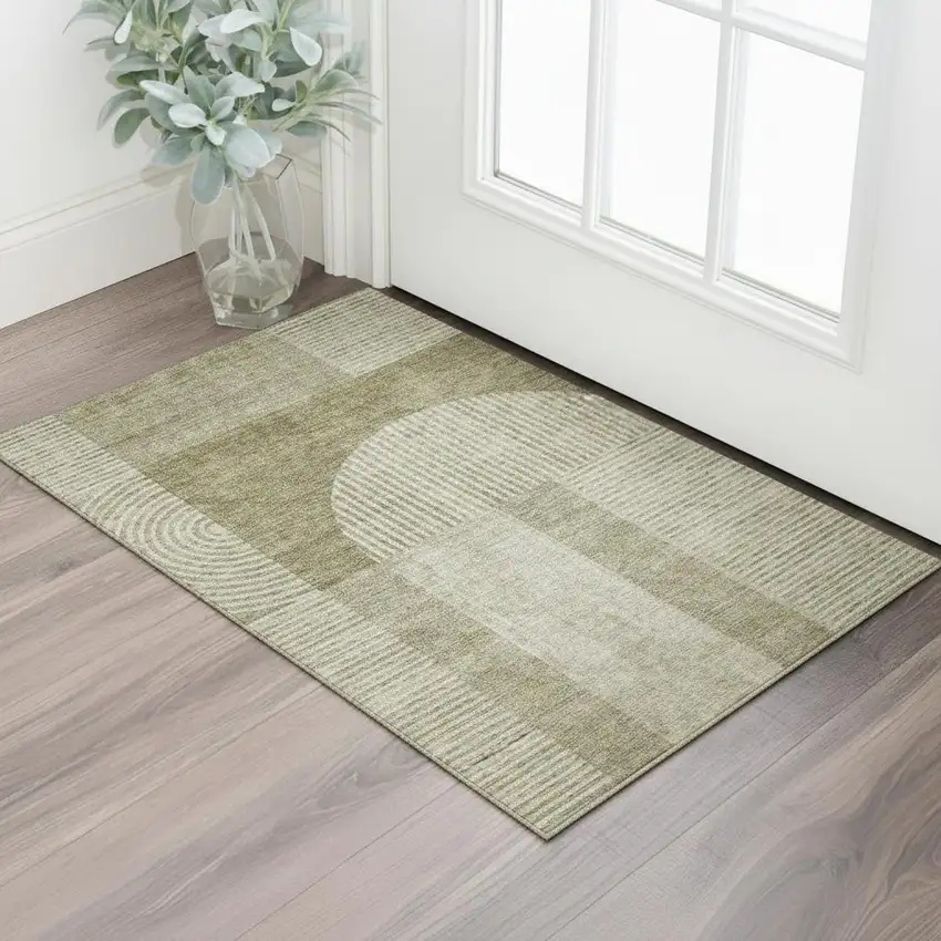 Taupe And Ivory Geometric Washable Area Rug With UV Protection Photo 1