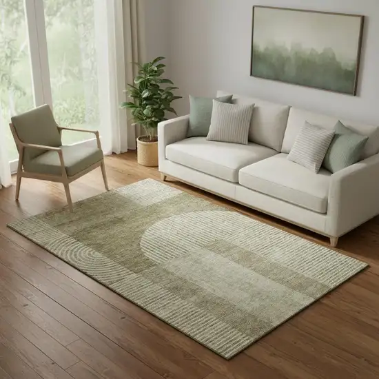 Taupe And Ivory Geometric Washable Area Rug With UV Protection Photo 1