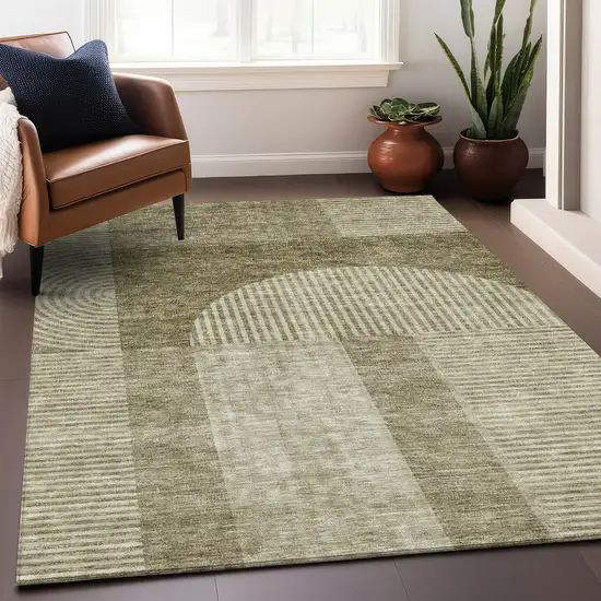 Taupe And Ivory Geometric Washable Area Rug With UV Protection Photo 5