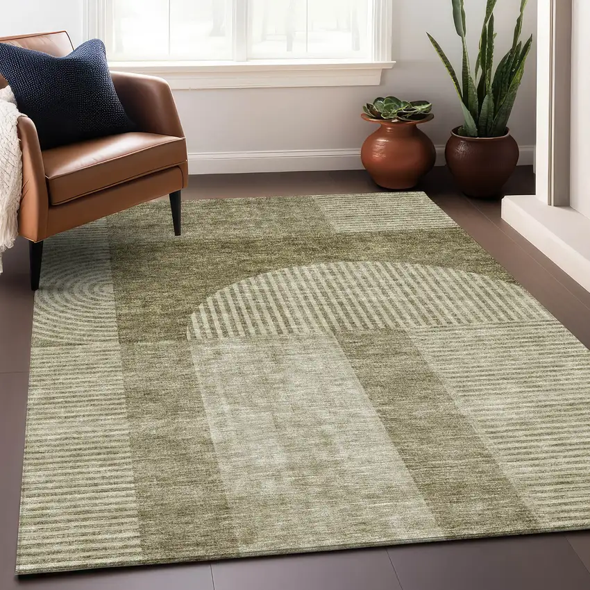 Taupe And Ivory Geometric Washable Area Rug With UV Protection Photo 5