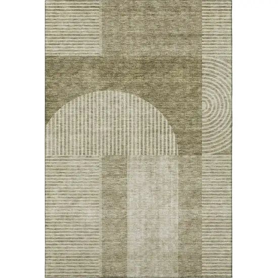 Taupe And Ivory Geometric Washable Area Rug With UV Protection Photo 3