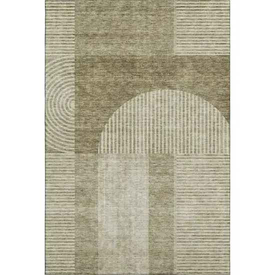 Taupe And Ivory Geometric Washable Area Rug With UV Protection Photo 1