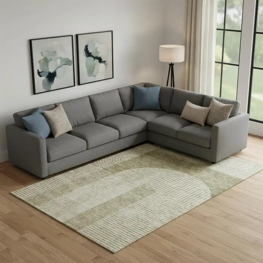 Taupe And Ivory Geometric Washable Area Rug With UV Protection Photo 1