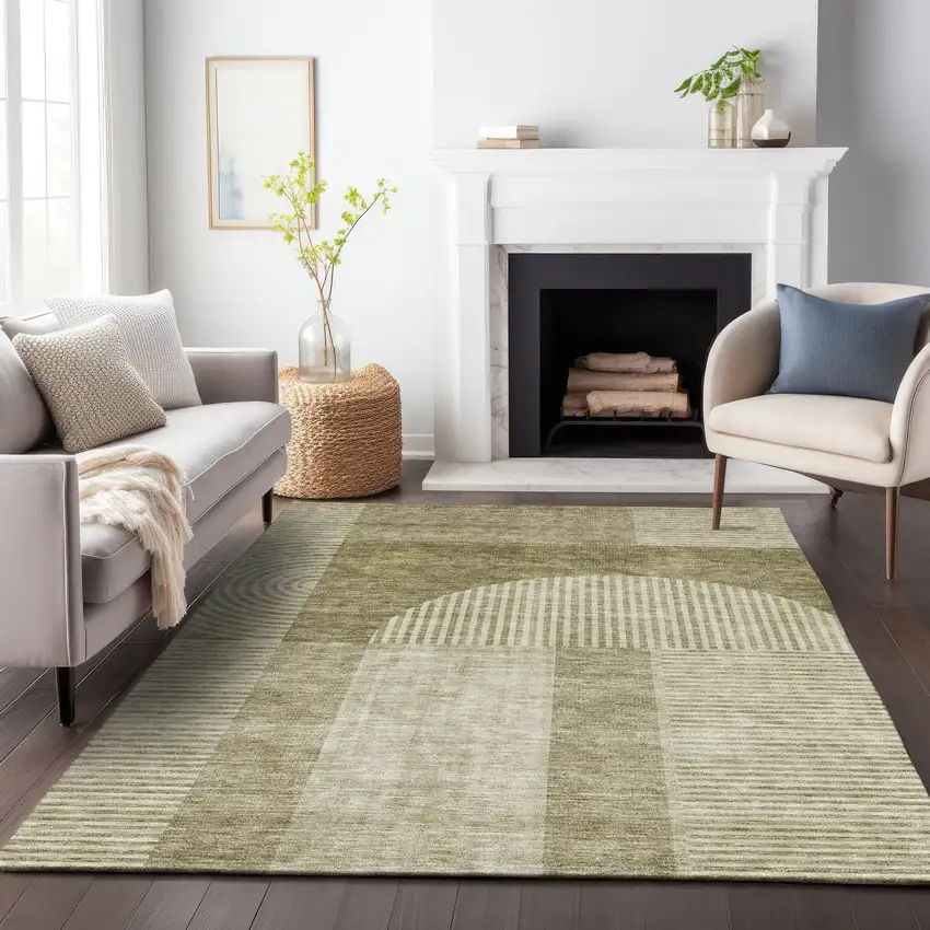 Taupe And Ivory Geometric Washable Area Rug With UV Protection Photo 4