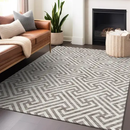 Taupe And Ivory Geometric Washable Area Rug With UV Protection Photo 6