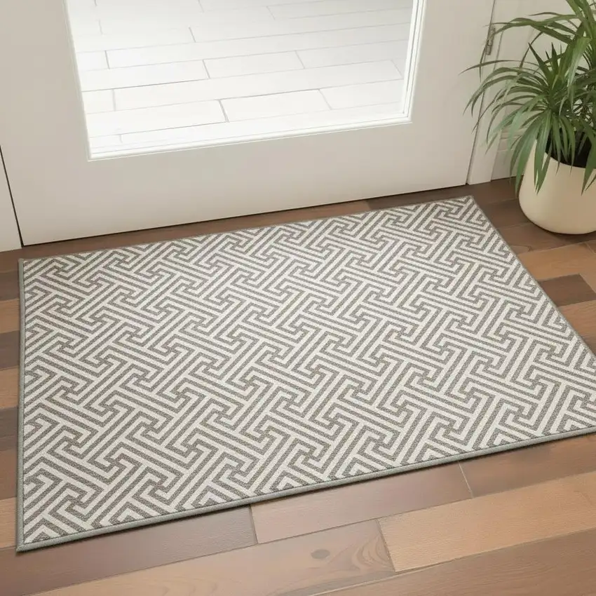 Taupe And Ivory Geometric Washable Area Rug With UV Protection Photo 2