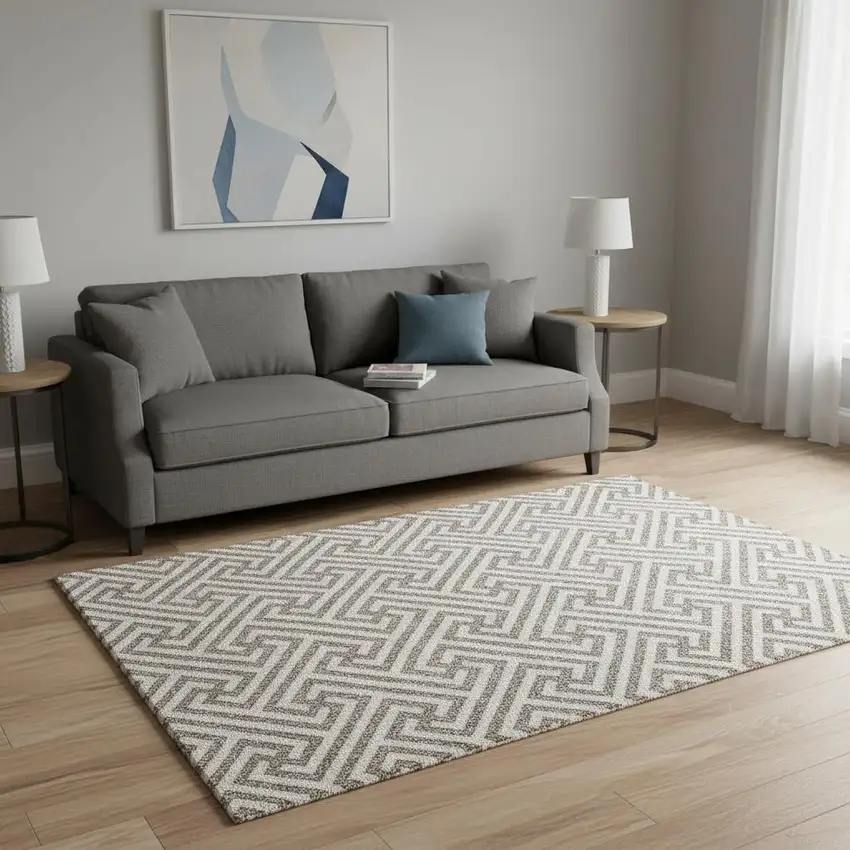 Taupe And Ivory Geometric Washable Area Rug With UV Protection Photo 2