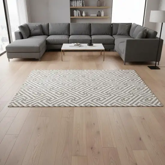 Taupe And Ivory Geometric Washable Area Rug With UV Protection Photo 2