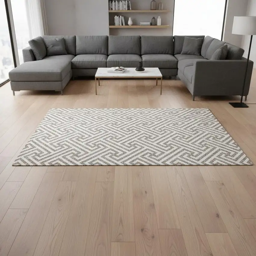 Taupe And Ivory Geometric Washable Area Rug With UV Protection Photo 2