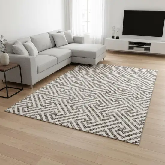 Taupe And Ivory Geometric Washable Area Rug With UV Protection Photo 2