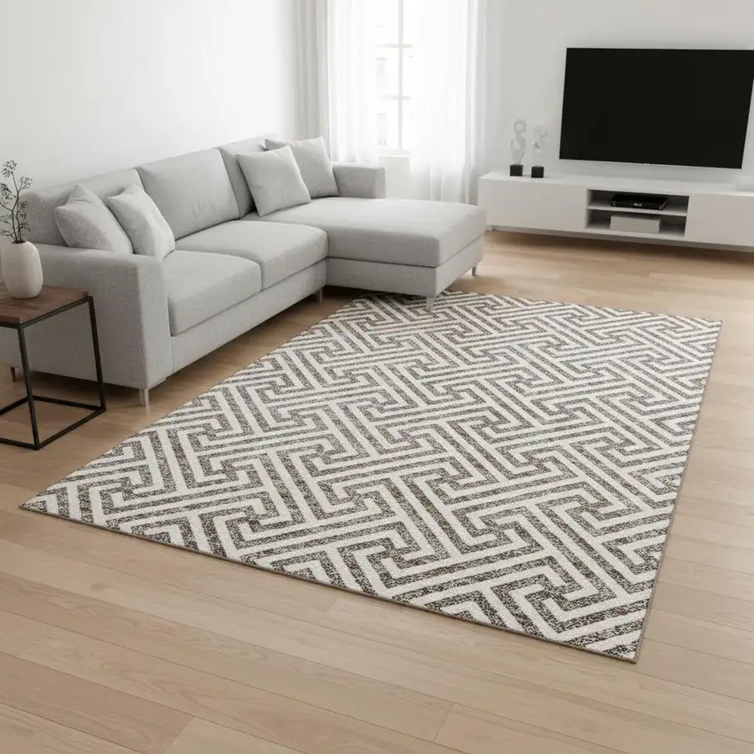 Taupe And Ivory Geometric Washable Area Rug With UV Protection Photo 2