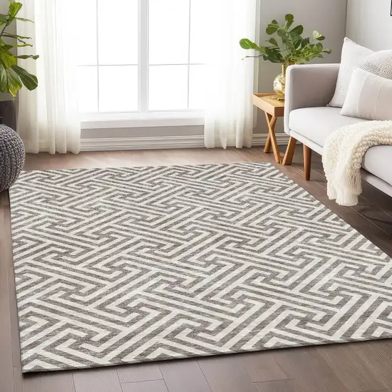 Taupe And Ivory Geometric Washable Area Rug With UV Protection Photo 5