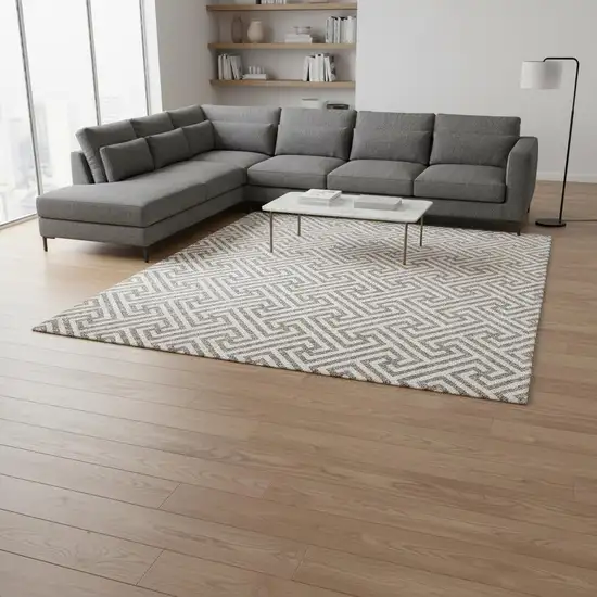 Taupe And Ivory Geometric Washable Area Rug With UV Protection Photo 2