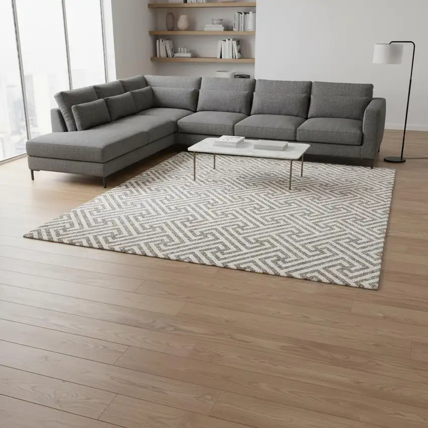 Taupe And Ivory Geometric Washable Area Rug With UV Protection Photo 2