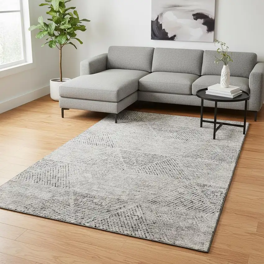 Taupe And Ivory Geometric Washable Area Rug With UV Protection Photo 2