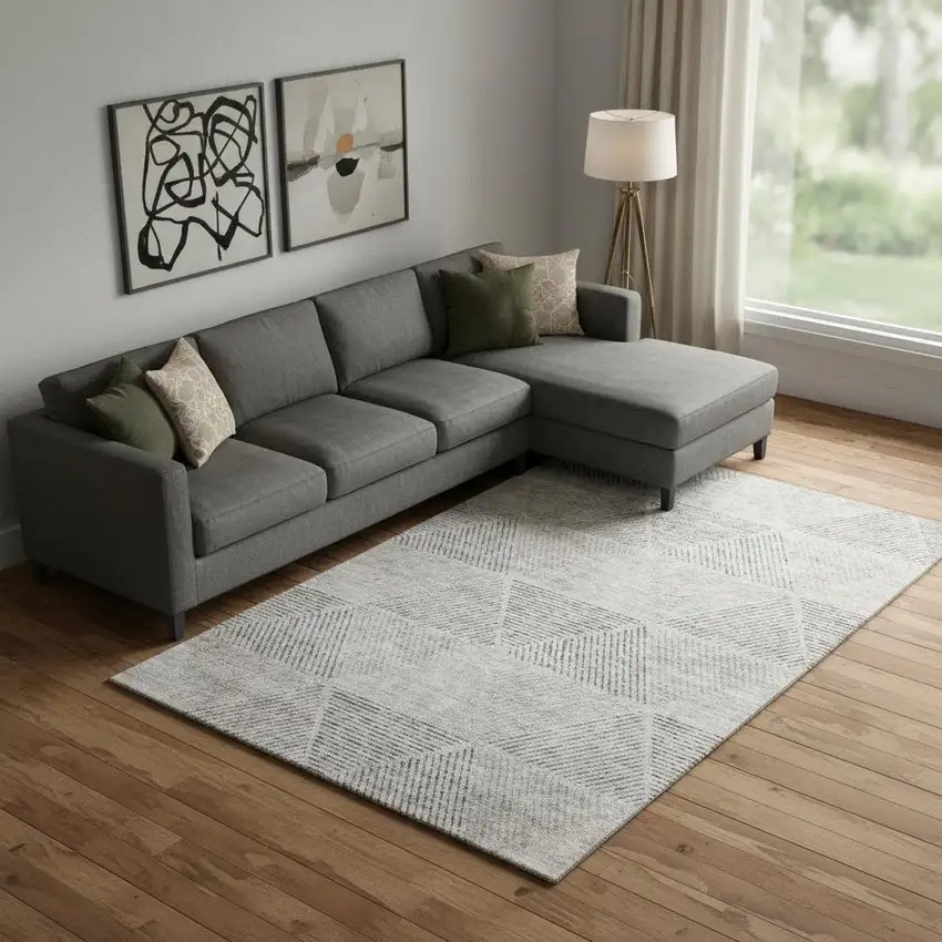 Taupe And Ivory Geometric Washable Area Rug With UV Protection Photo 1