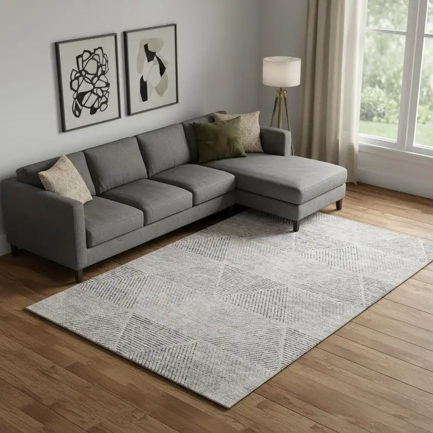 Taupe And Ivory Geometric Washable Area Rug With UV Protection Photo 1