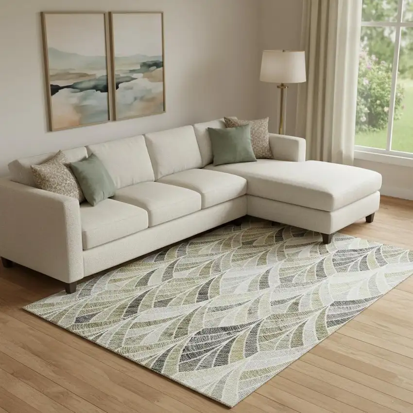 Taupe And Ivory Geometric Washable Area Rug With UV Protection Photo 1