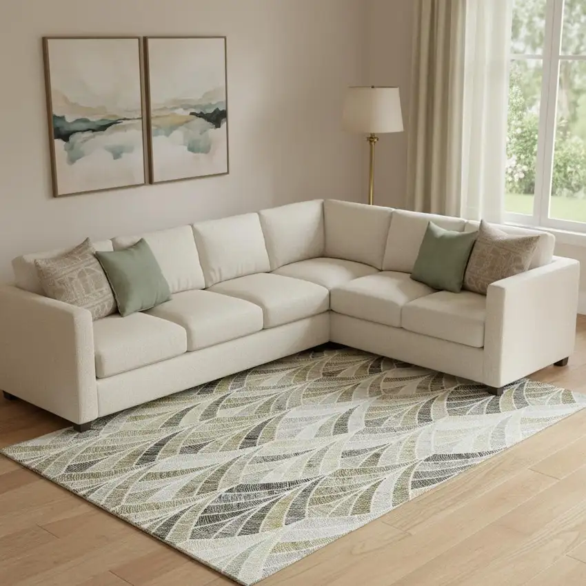 Taupe And Ivory Geometric Washable Area Rug With UV Protection Photo 1