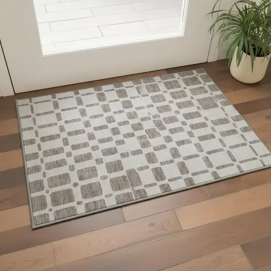 Taupe And Ivory Geometric Washable Area Rug With UV Protection Photo 2