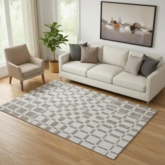 Taupe And Ivory Geometric Washable Area Rug With UV Protection Photo 1