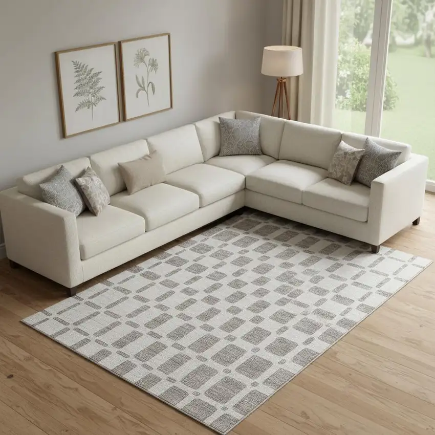 Taupe And Ivory Geometric Washable Area Rug With UV Protection Photo 1