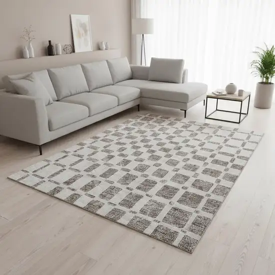Taupe And Ivory Geometric Washable Area Rug With UV Protection Photo 2