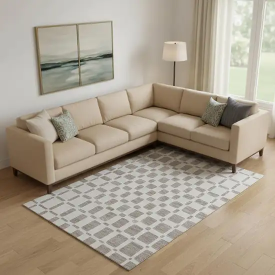 Taupe And Ivory Geometric Washable Area Rug With UV Protection Photo 1