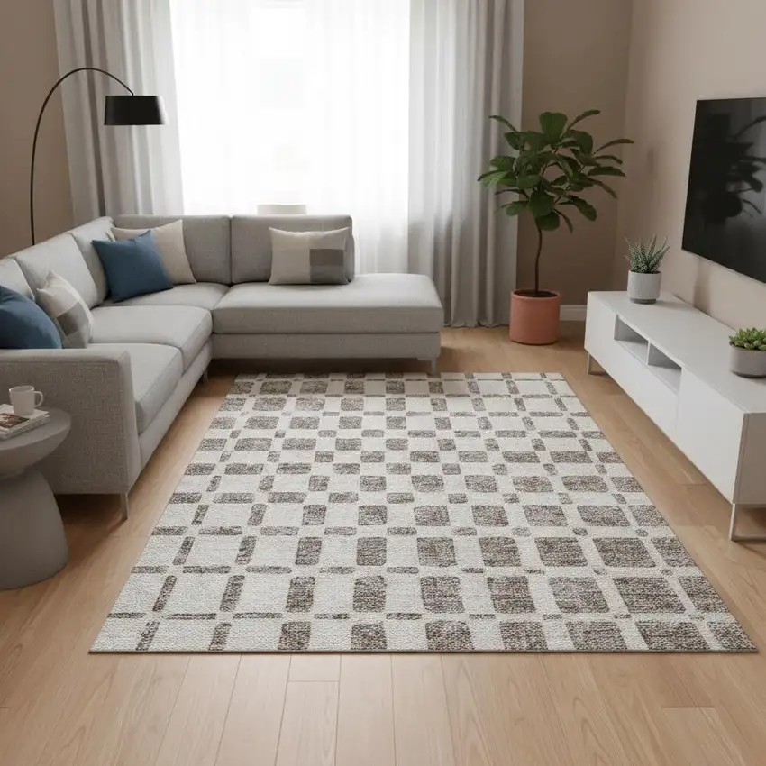 Taupe And Ivory Geometric Washable Area Rug With UV Protection Photo 2