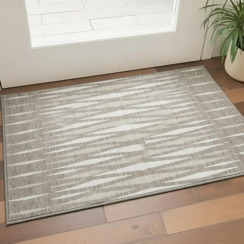 Taupe And Ivory Geometric Washable Area Rug With UV Protection Photo 2