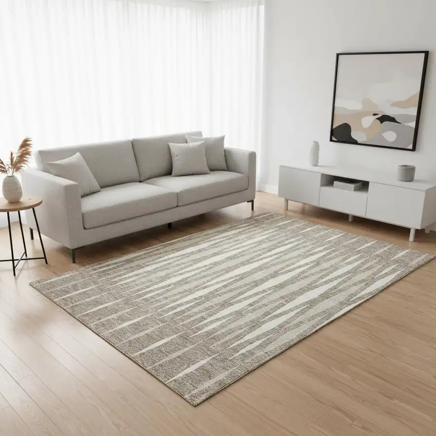 Taupe And Ivory Geometric Washable Area Rug With UV Protection Photo 2