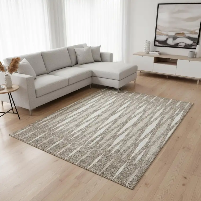 Taupe And Ivory Geometric Washable Area Rug With UV Protection Photo 2