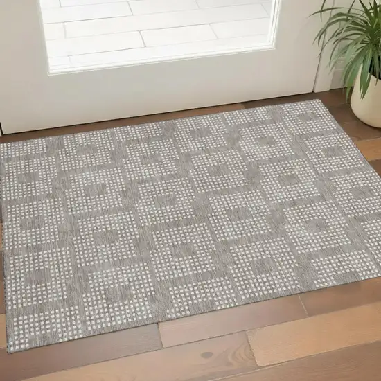 Taupe And Ivory Geometric Washable Area Rug With UV Protection Photo 1