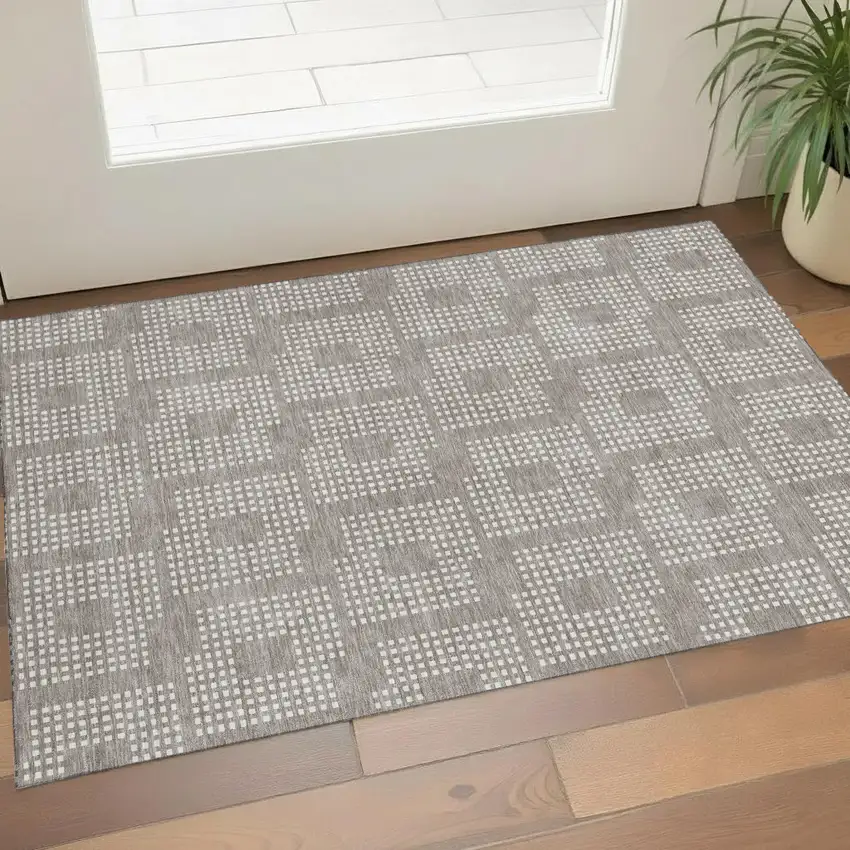 Taupe And Ivory Geometric Washable Area Rug With UV Protection Photo 1