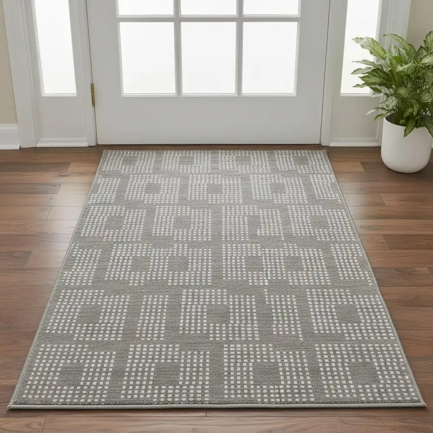 Taupe And Ivory Geometric Washable Area Rug With UV Protection Photo 2