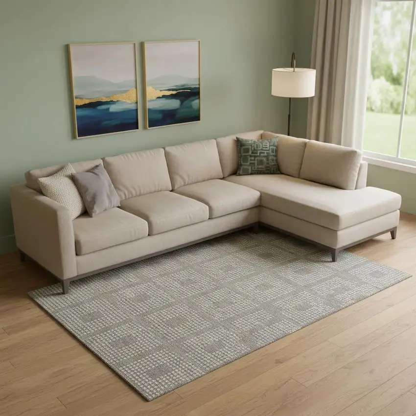 Taupe And Ivory Geometric Washable Area Rug With UV Protection Photo 1